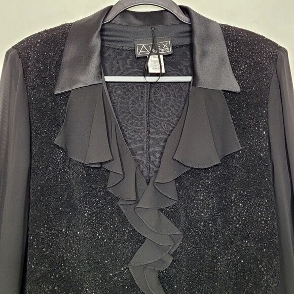 Alex Evenings Black Glitter Ruffle Button Down Top Size XL - Picture 2 of 12